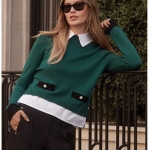 Karl Lagerfeld Green Sweater with Layered Look Black Jeweled Accents